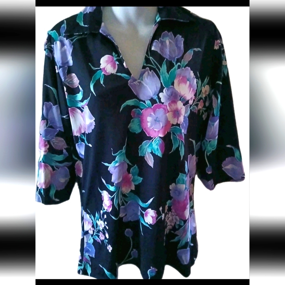 Teddi Of California- Women's Vintage 70's 3/4 Sleeve Floral Blouse. Size 10